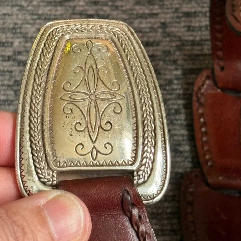Vintage Brighton Brown Hinged Genuine Leather Belt Silver Buckle Western Coastal
